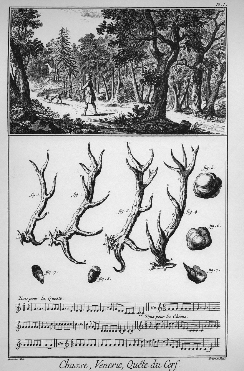Jakt - jakten på hjorten - "" The Great Encyclopedia, eller Dictionnaire Raisonne des Sciences, des Arts et des Metiers"" (Encyclopedia or Dictionary of the Sciences, Arts and Professions) av Denis Diderot (1713-1784) og Jean d. 'Al av French School