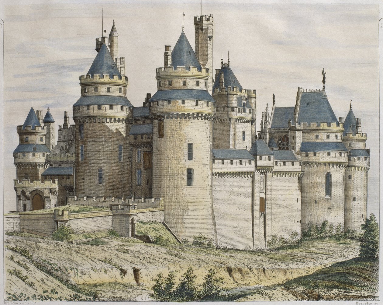 Chateau de Pierrefonds, illustrasjon fra Le Moniteur des architectes, gravert av Bosredon (fargegravering) av French School