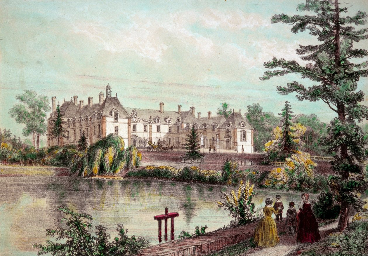 Chateau de la Loire: Utsikt over Chateau de la Seilleraye i Carquefou (Loire Atlantique). Trykk fra 1800-tallets privatsamling av French School