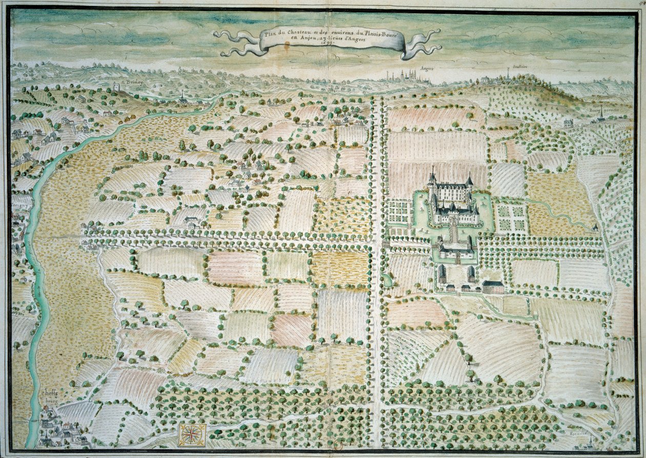 Chateaux de la Loire: "" Utsikt over slottet Plessis Bourre"" Akvarell av den franske skolen. 1699 Paris, B.N. av French School