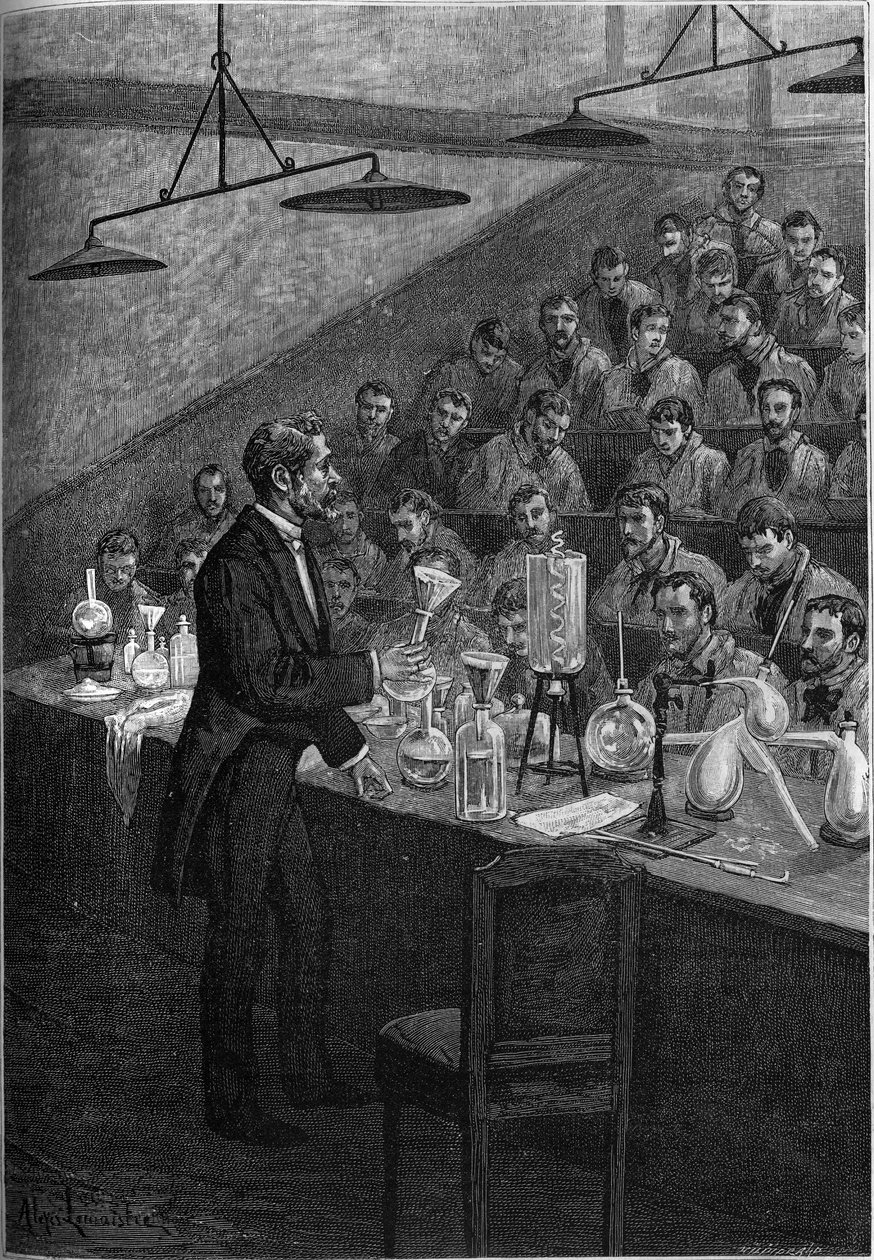 Chemistry classes at the Ecole Centrale de Paris. Engraving in “” le journal de la jeunesse “” 1887. av French School