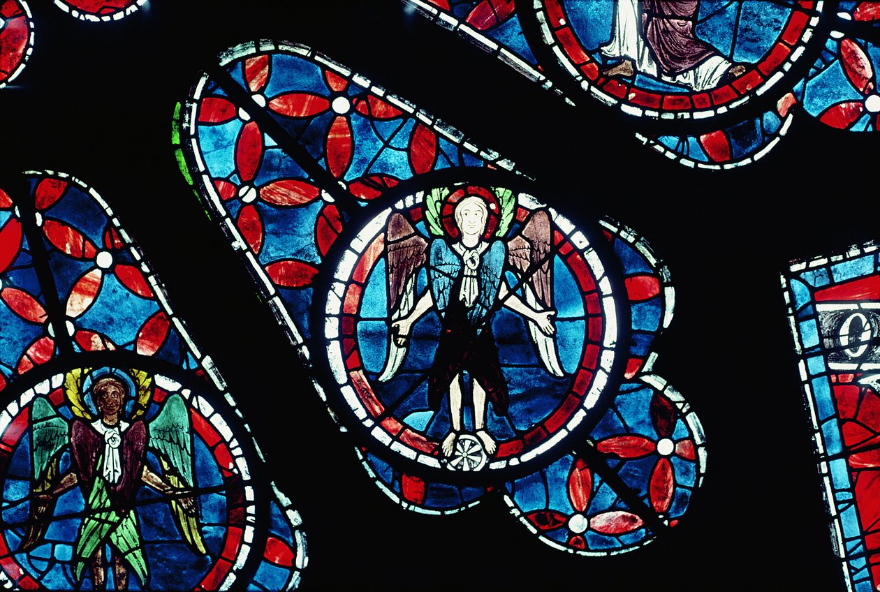 Kjeruber på hjul, detalj fra nordrosevindu, ca. 1223 av French School