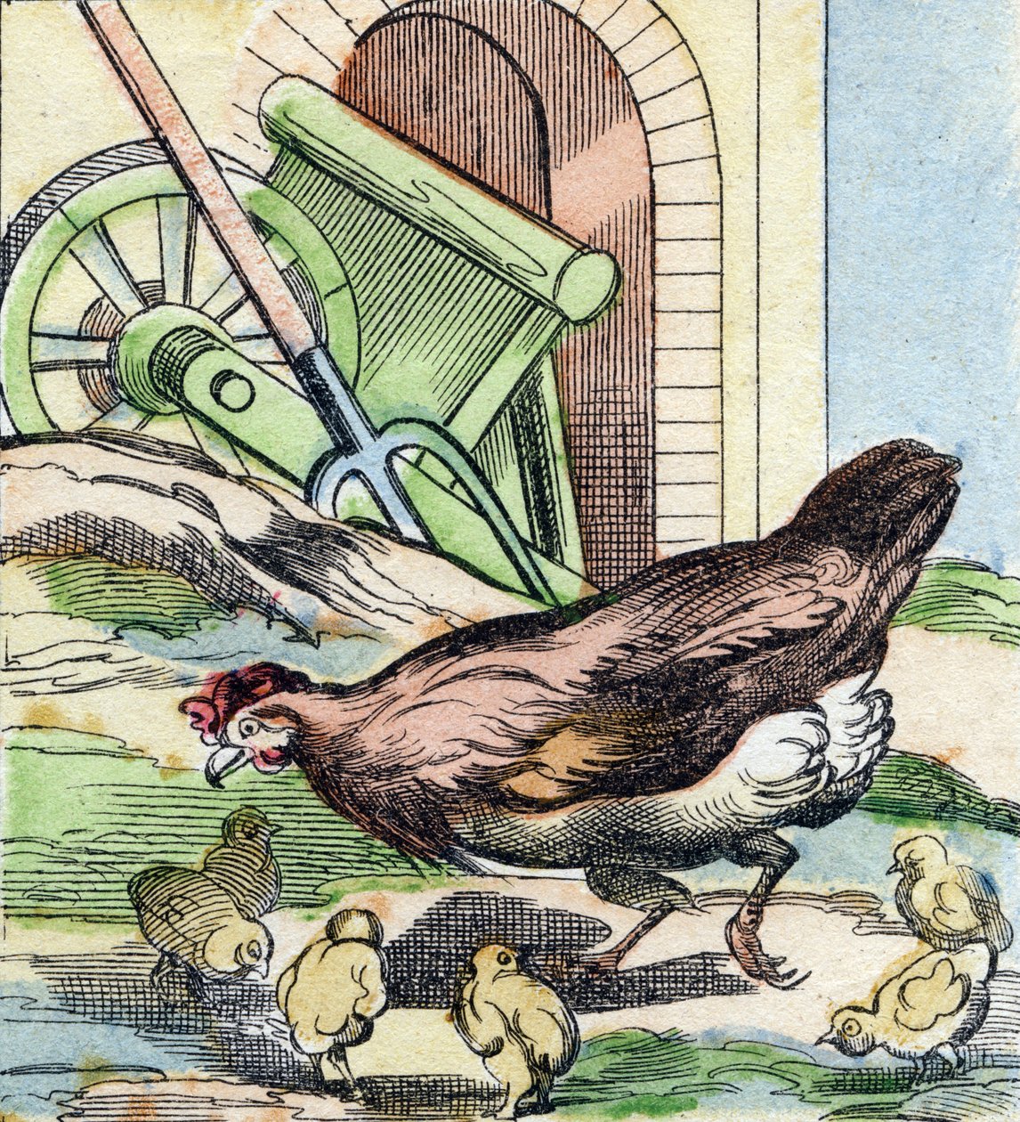Kylling og kyllinger. Gravering i "Buffon Alphabet des Oiseaux n 2". 3. Serie N 2. Avbildning av Epinal, Epinal, sent på 1800-tallet. 16 sider. Mål: 28x21cm av French School