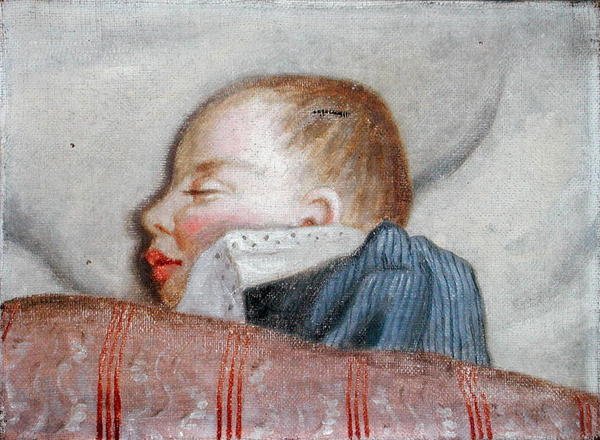 Child Sleeping, sent på 1800-tallet (olje på lerret) av French School