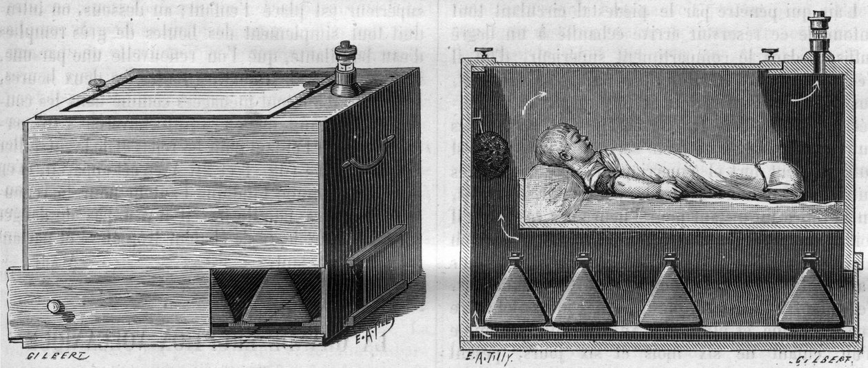 Barnekuvøs av Dr. Alfred Auvard (1855-1940), i henhold til apparatet som brukes på fødeavdelingen, til venstre, utvendig, til høyre innvendig. i «La Nature. Revue des sciences et de ses applications aux arts et à l