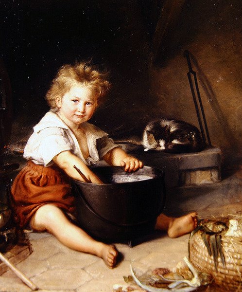 Barn med katt i et interiør (olje på lerret) av French School