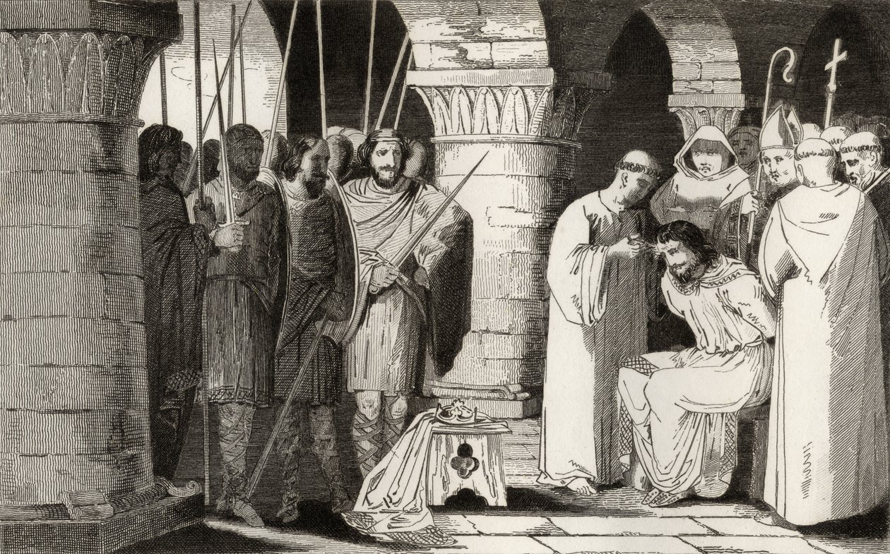 Childeric III (714-51) er detronisert og begrenset til et kloster, fra 'Histoire de France' av Colart, utgitt ca. 1840 av French School