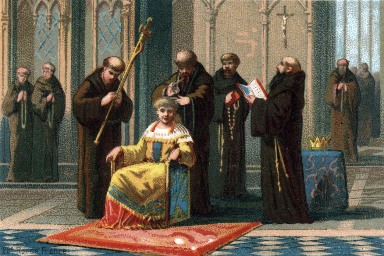 Childeric III, konge fra 742 til 752, i klosteret Saint Bertin, nær Saint-Omer, hvor han ble sperret inne av borgermesteren i det australske palasset, Charles Martel, 737. Kromolitografi rundt 1890. av French School