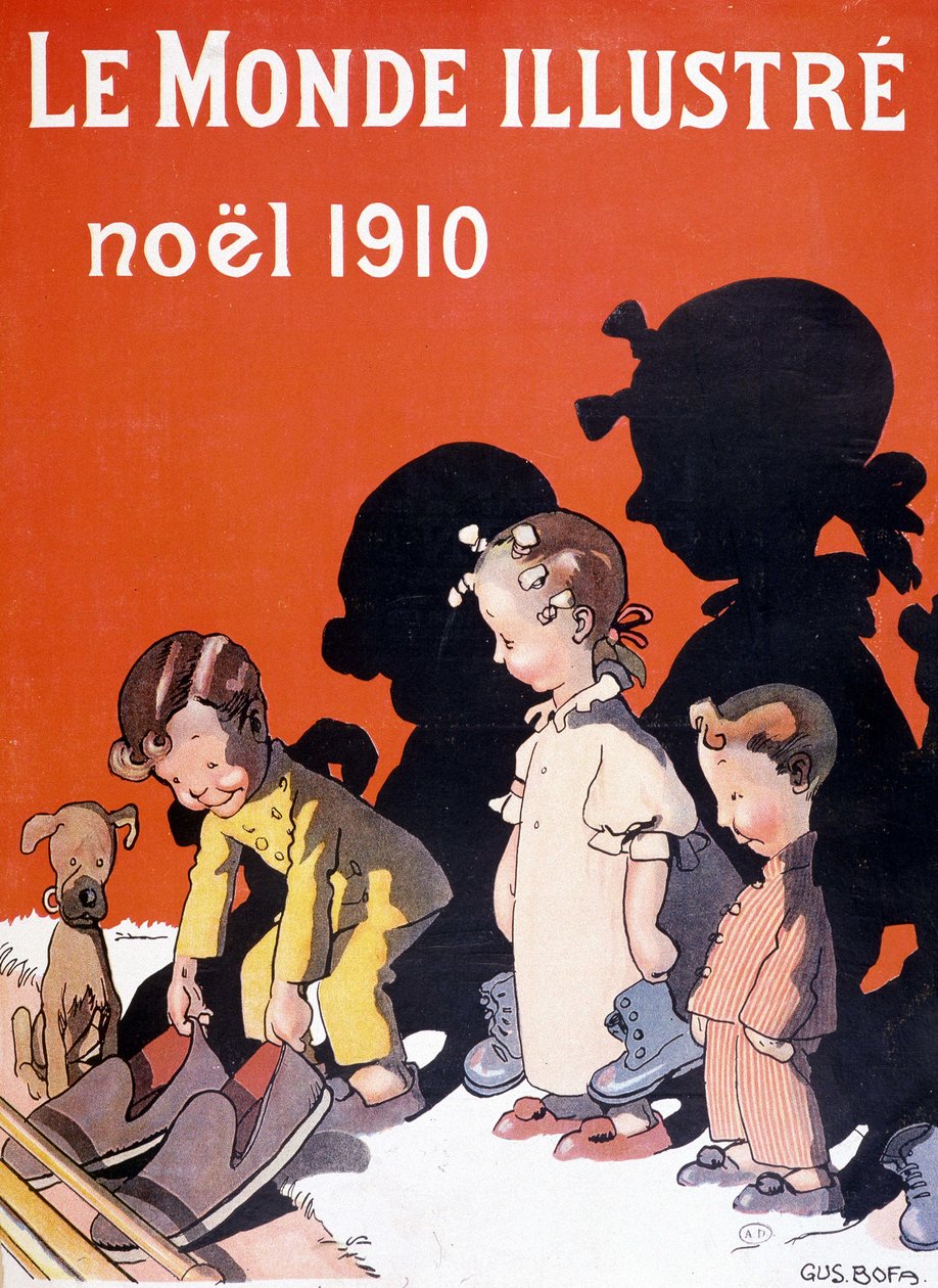 Barn som slipper skoene foran peisen for julenissen - i "" Le Monde Ilustré"" av French School