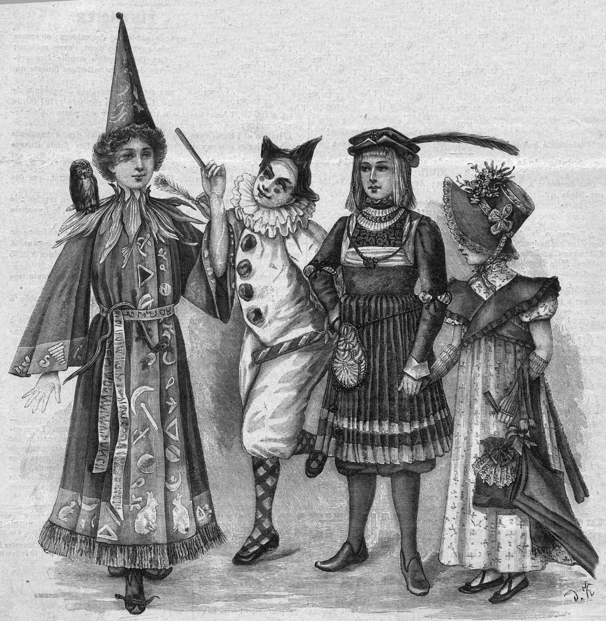 Barneklær: heksekostymer, klovn, page og «Empire». Gravering i «La gazette du dimanche»» av 23. januar 1896. av French School