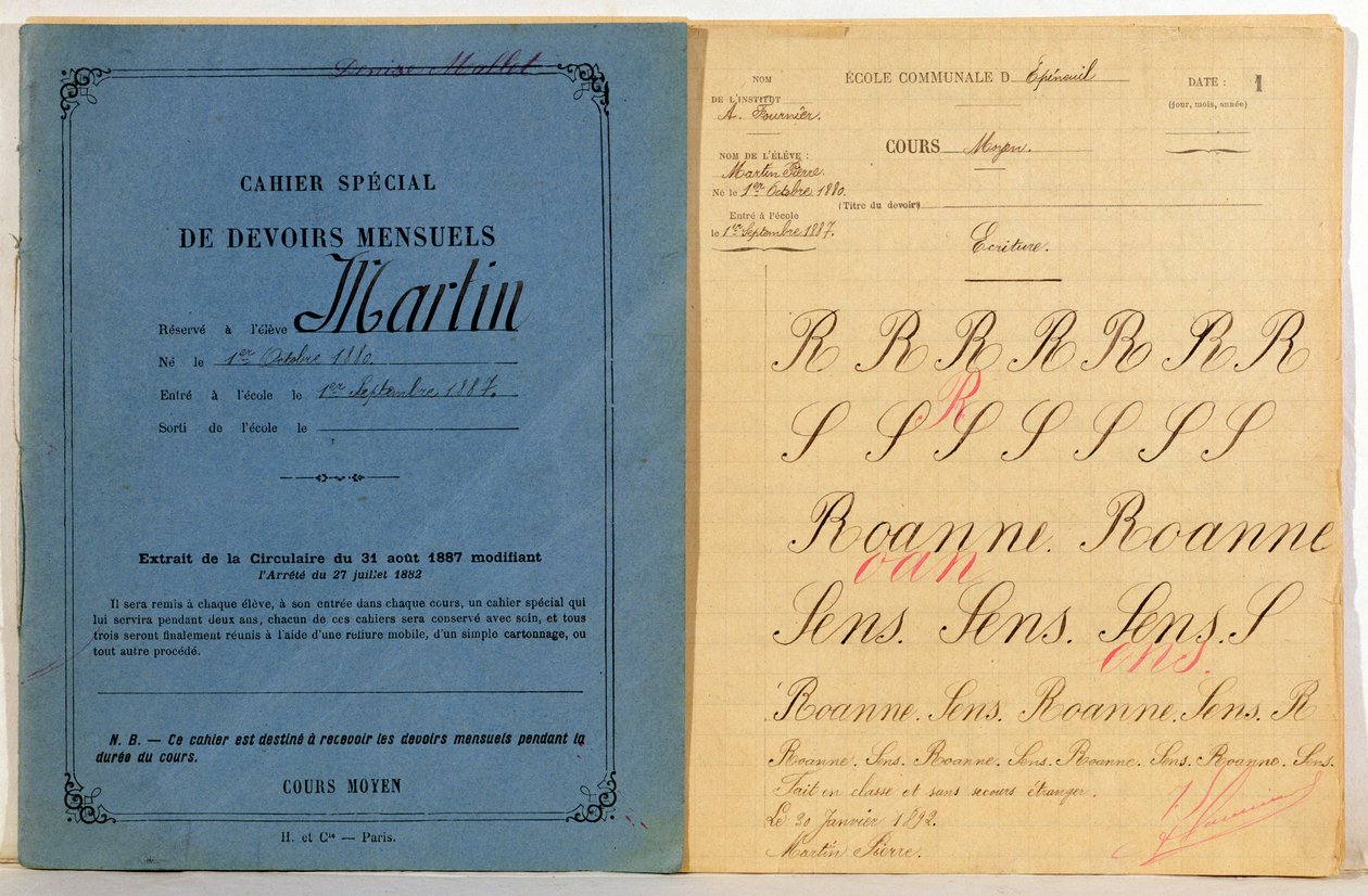 Barneoppgavebok fra skolen i Epineuil, 1892 av French School