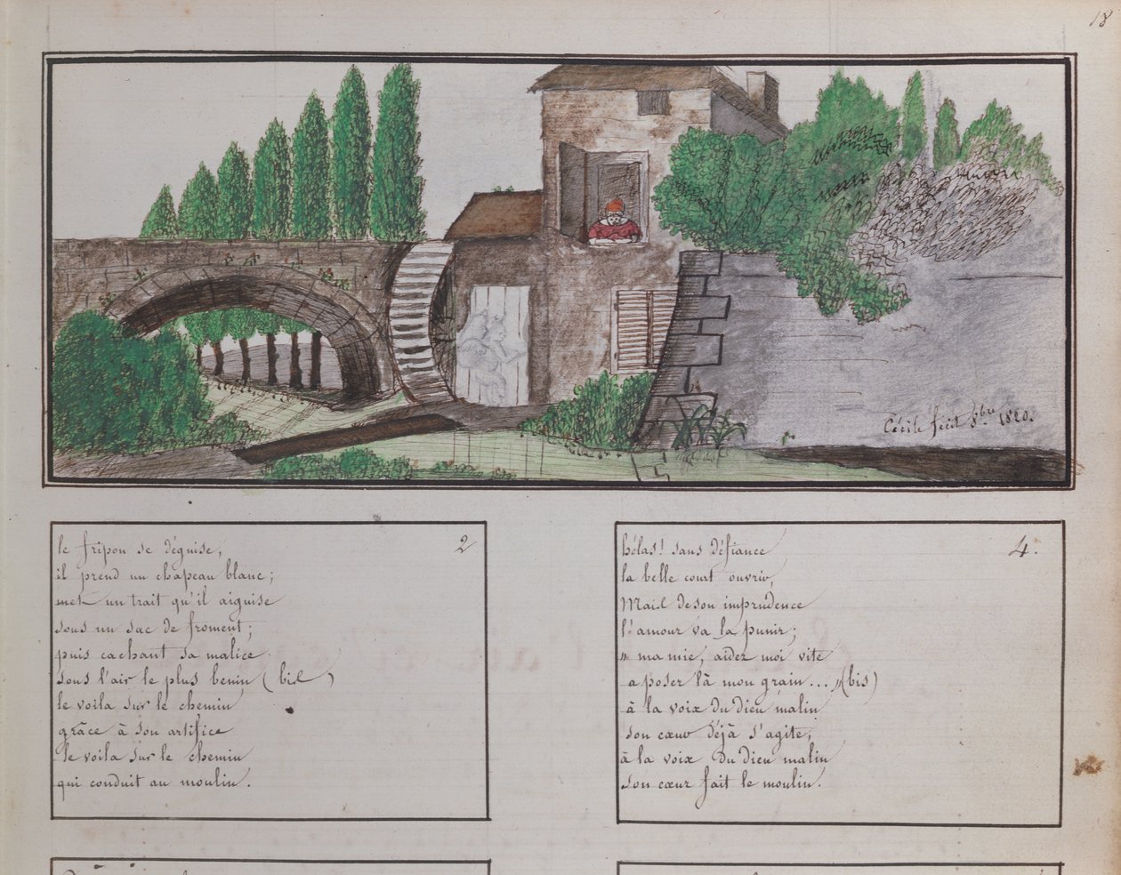 Childs skisse av en vannmølle, 1820 (fargestift og wc) av French School