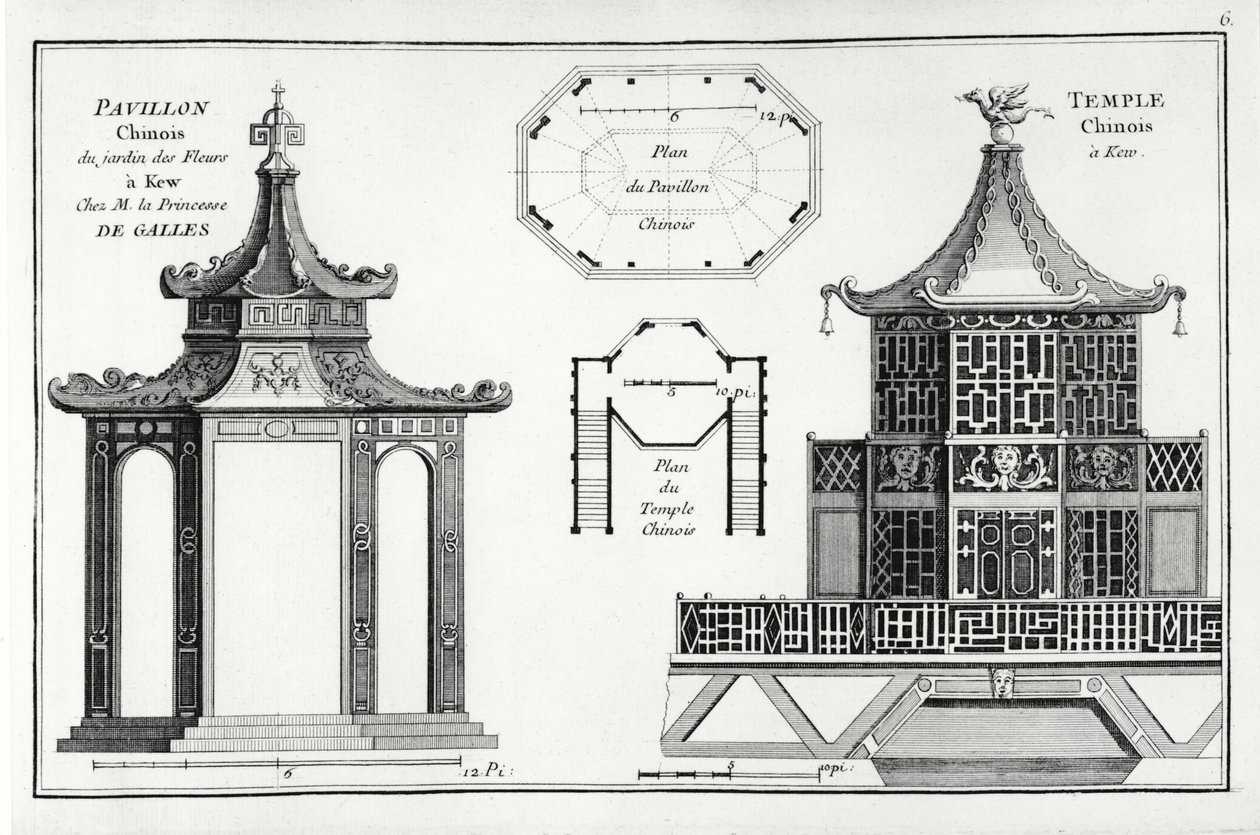 Chinese Pavilion in the Flower Garden at Kew, fra Jardins Anglo-Chinois a la Mode, av George Louis le Rouge, utgitt ca. 1776-88 av French School
