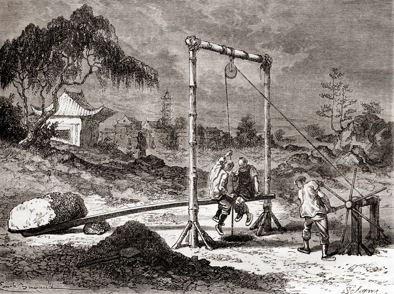 Kinesiske arbeidere på 1800-tallet graver en brønn for utvinning av saltvann, fra 