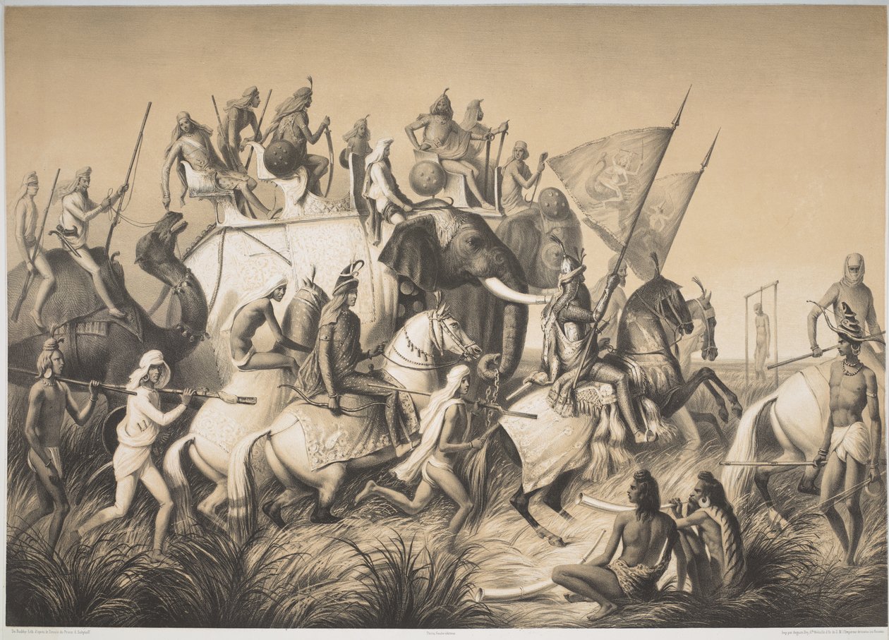 Chir Singh, Maharaja av sikhene med kongen av Punjab og hans følge fra "Voyage in India", ca. 1850 (litho) av French School