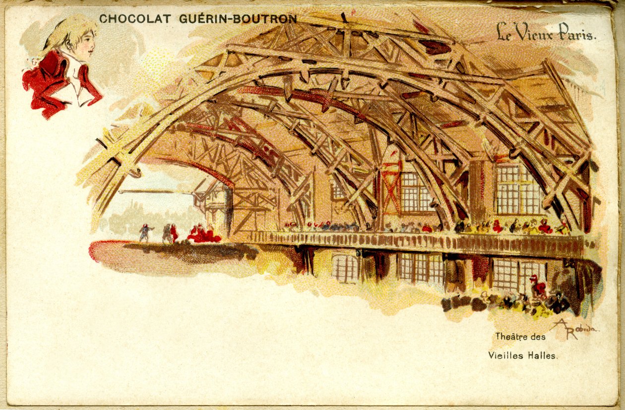 Sjokoladekromolitografi Guerin Boutrons sjokolader, DET GAMLE PARIS, Théâtre des Vieilles halles av French School