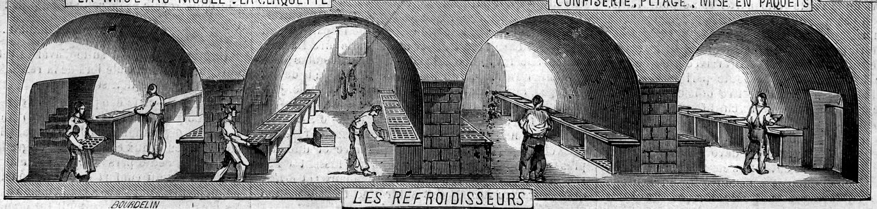 Sjokoladefabrikk: kjølere. Fabrikken til M. Masson, Paris av French School