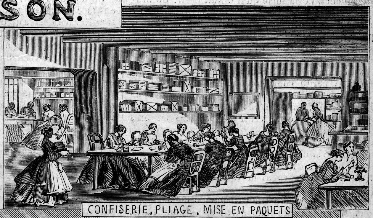 Sjokoladeproduksjon: konfekt av sjokoladegodteri, bretteverksted og emballasje. Usine de M. Masson, Paris av French School