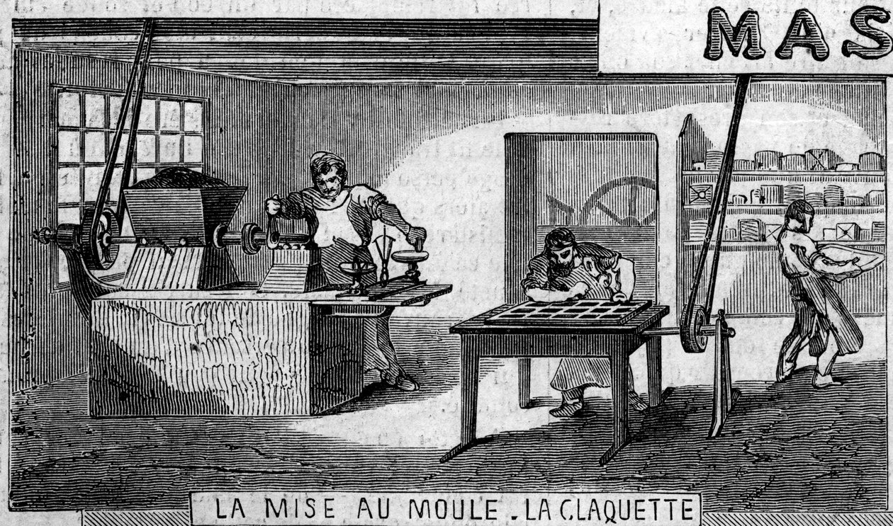 Sjokoladeproduksjon: veiing og form, trykk. Usine de M. Masson, Paris av French School