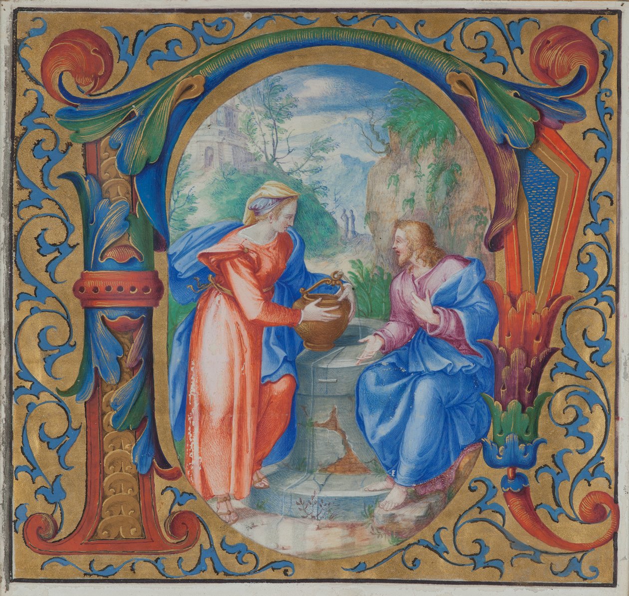 Kristus og kvinnen i Samaria ved brønnen (tempera på vellum) av French School