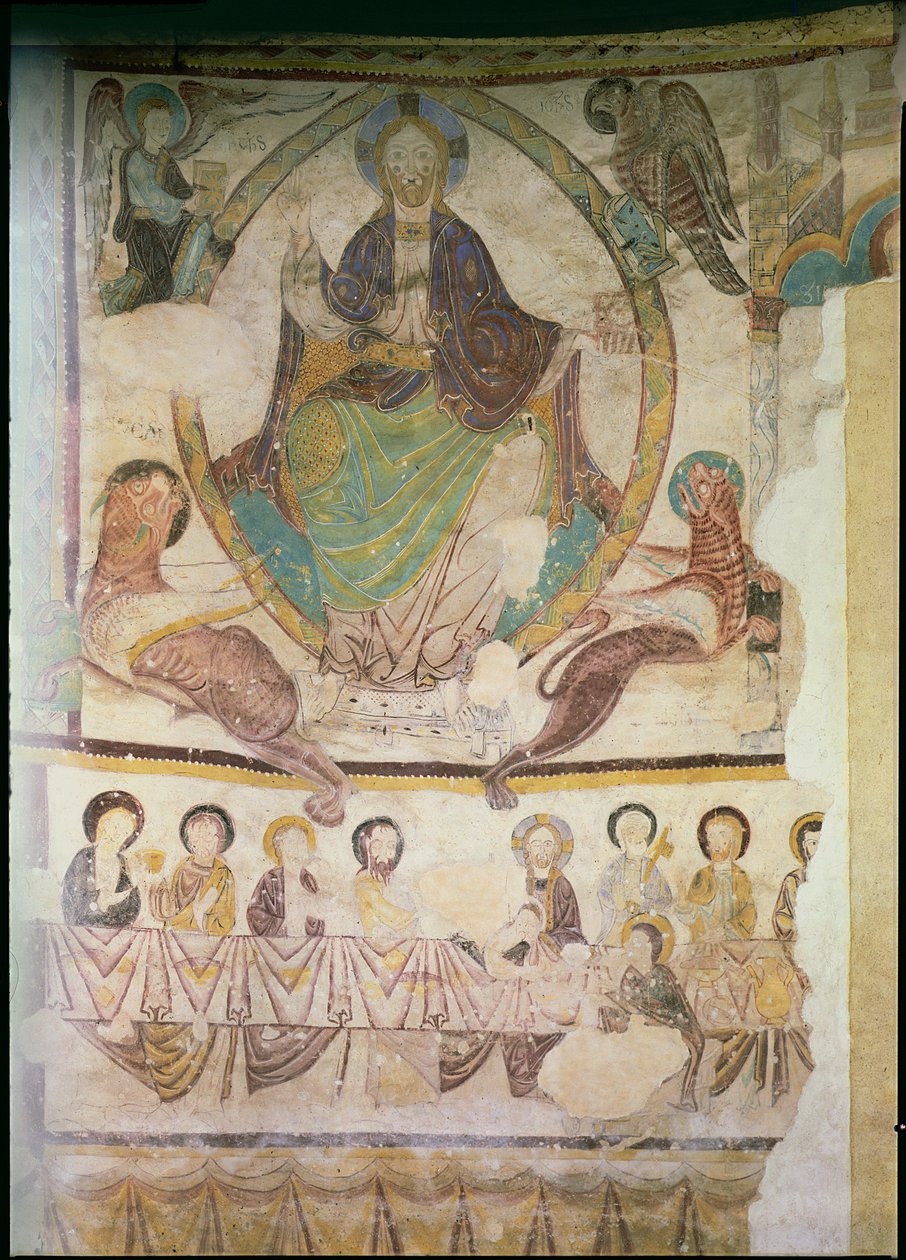 Kristus i Majestet med fire evangeliske symboler og det siste måltid, ca. 1200 av French School