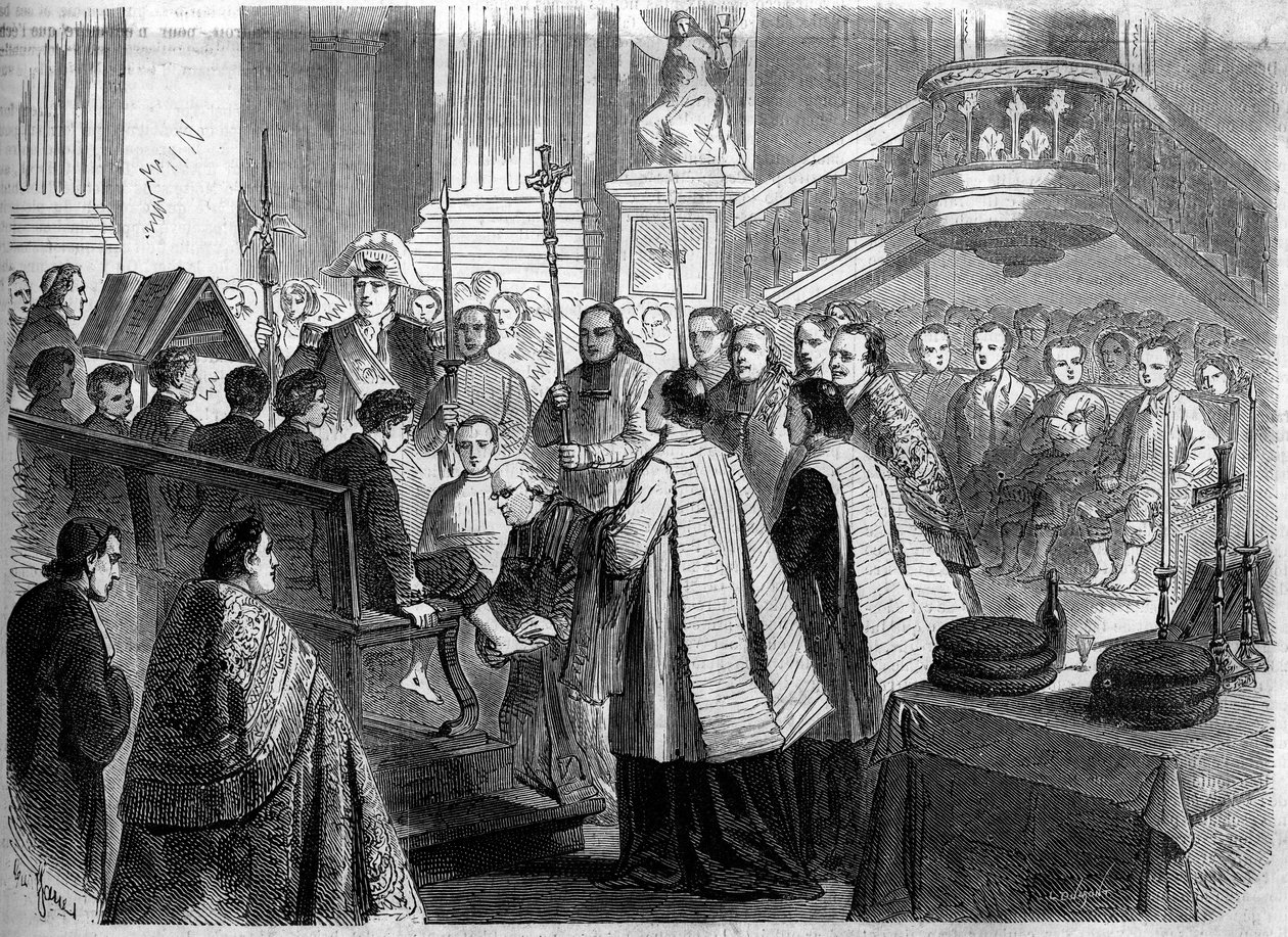 Kristen rite - hellig torsdag - 1860: fotvasken i kirken Saint Sulpice i Paris. Gravering i "" Le Monde Illustré"" nr. 156 av 7. april 1860. av French School