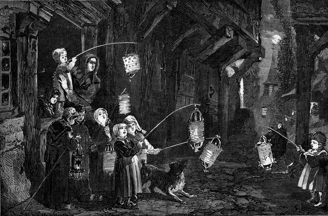 Kristen skikk - helligtrekonger - 1860: barn i en landsby i Normandie med lykter som går gjennom gatene. Gravering i "" Le Monde Illustré"" nr. 143 av 7. januar 1860. av French School