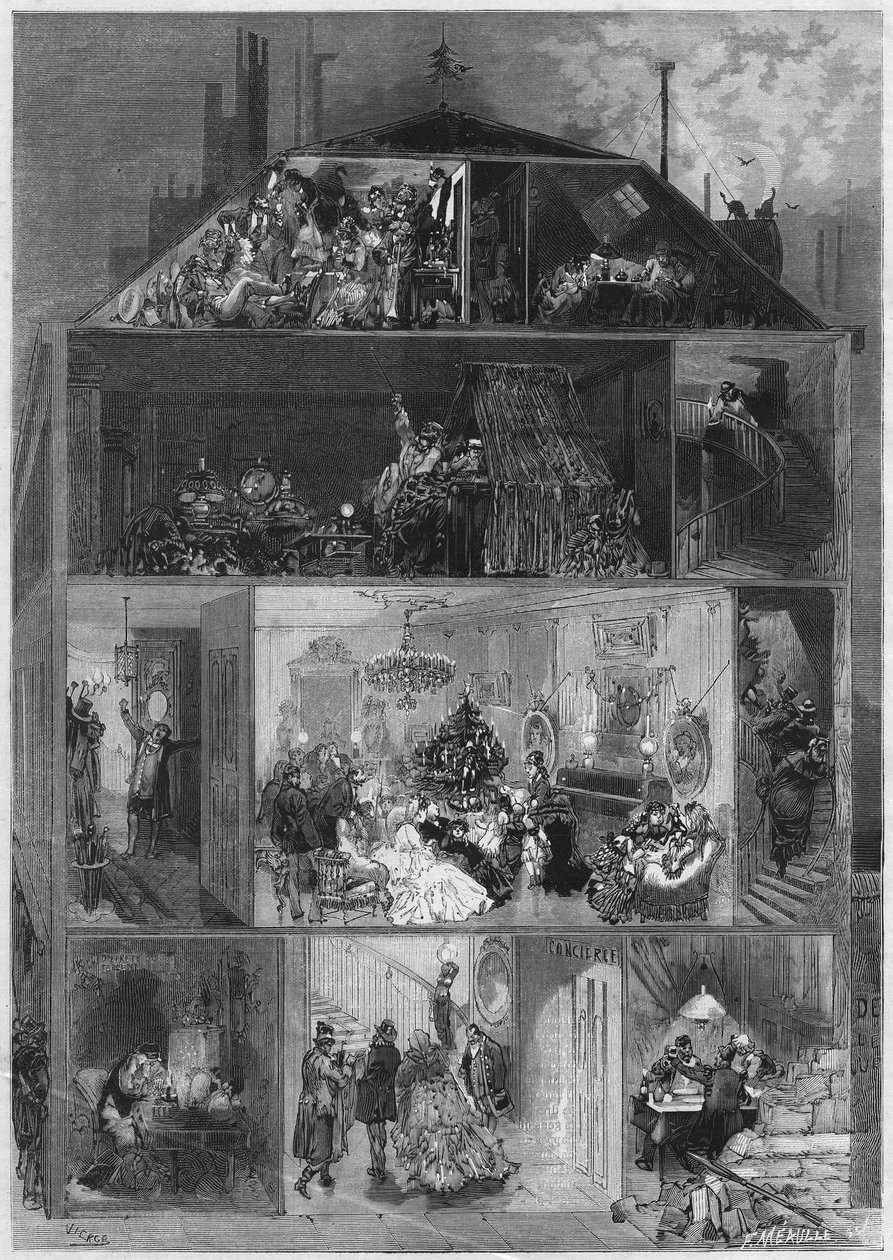 Julaften: tverrsnitt av en parisisk bygning som presenterer forskjellige måter å feire nyttårsaften på. Gravering i "" Le Monde Illustré"" nr. 810 av 19. oktober 1872. av French School
