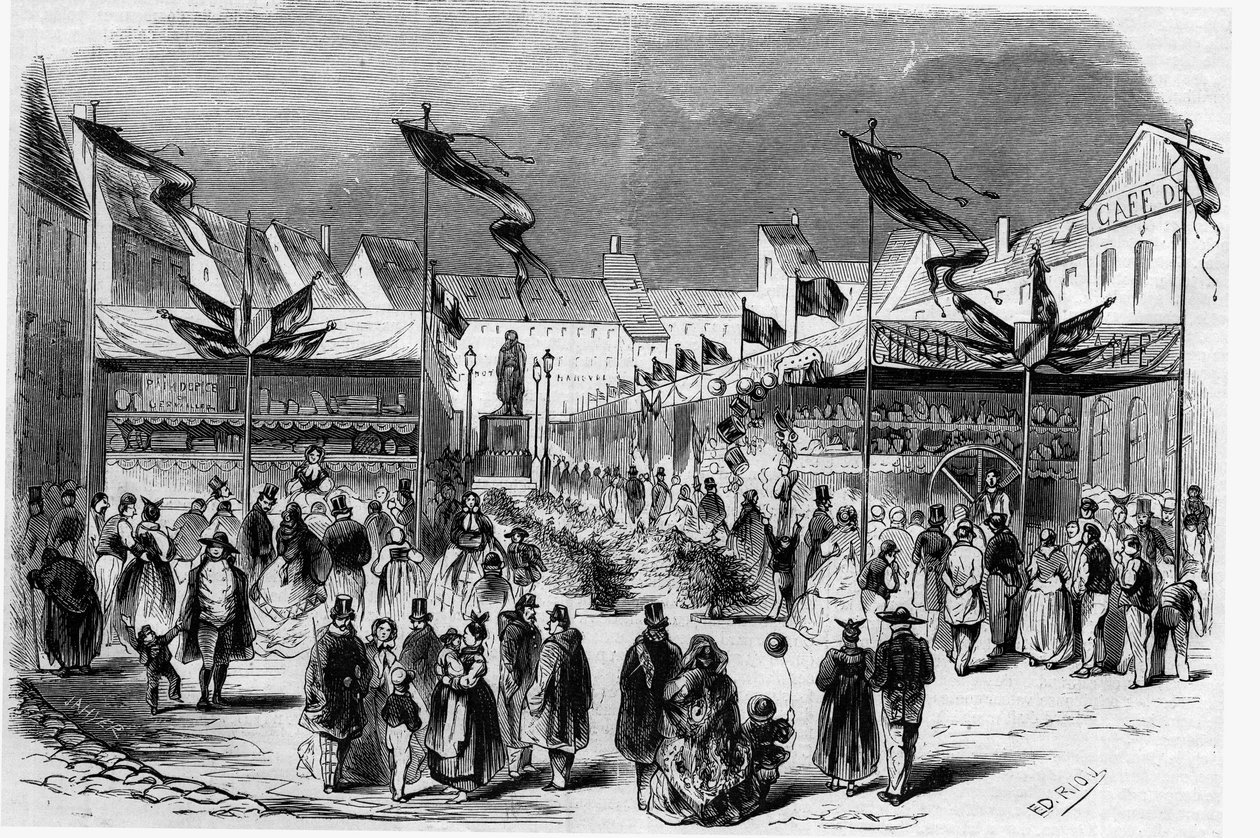Julefest i Alsace: Julemessen (den lille Jesus) i Strasbourg i 1857. Gravering i "" Le Monde Illustré"" nr. 38 av 2. januar av French School