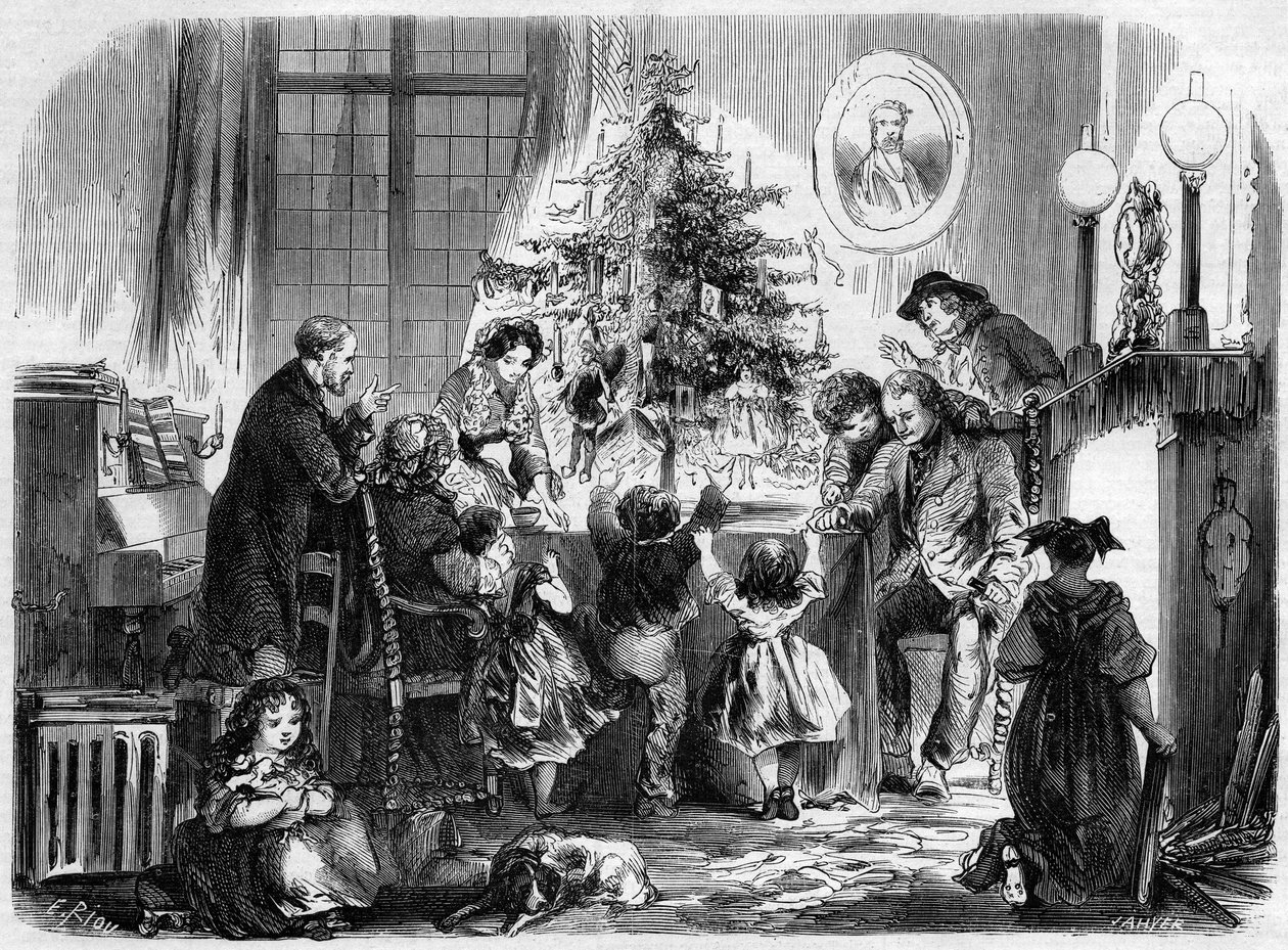 Julefest i Alsace: en familie gjenforent rundt juletreet. Gravering i "" Le Monde Illustré"" nr. 38 av 2. januar av French School