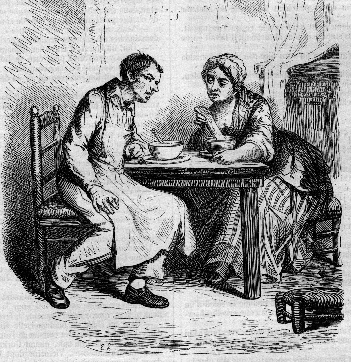 Christophe and the fat Sylvie: servants having breakfast. Engraving mid 19th century. Illustration for “The Father Goriot” by Honore de Balzac (1799-1850). av French School