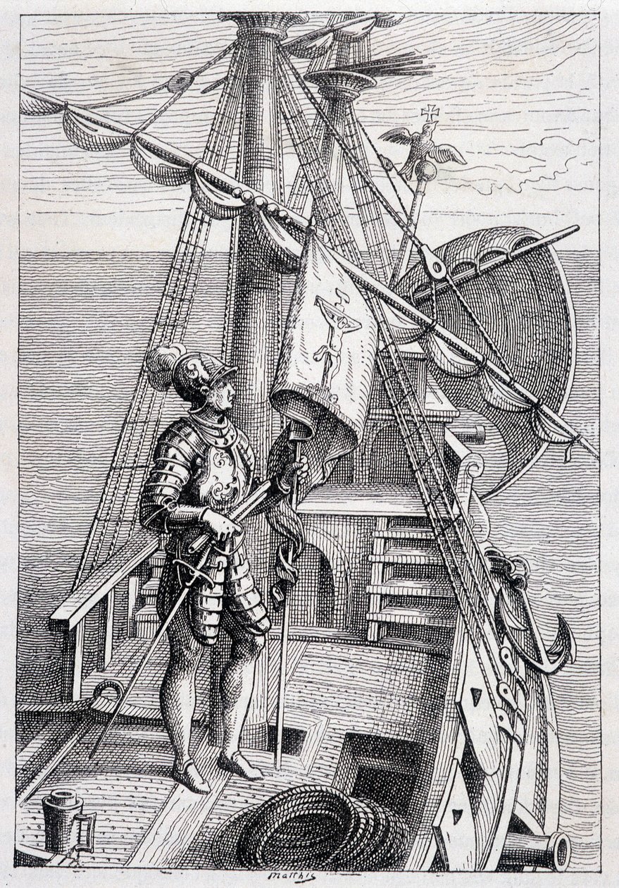 Christopher Columbus på traileren hans, syk. "" Discovery de la Terre"" av Jules Verne, red. Hetzel, n.d. 19. av French School