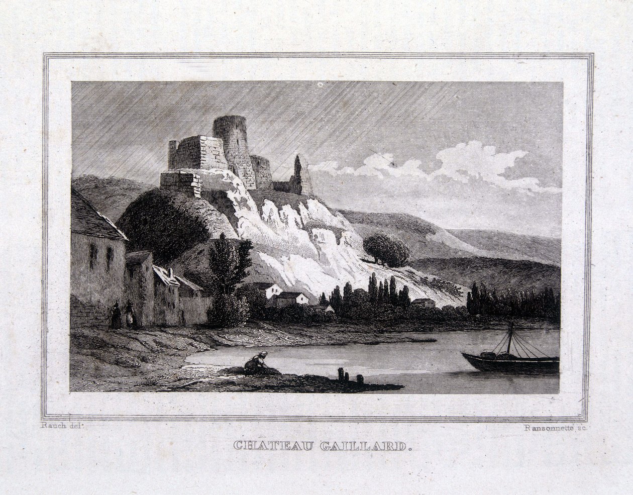 Château Gaillard sett fra Seinen - Gravering av French School