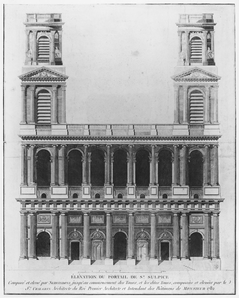 Church of Saint-Sulpice, forhøyning av fasaden, Paris, 1782 av French School