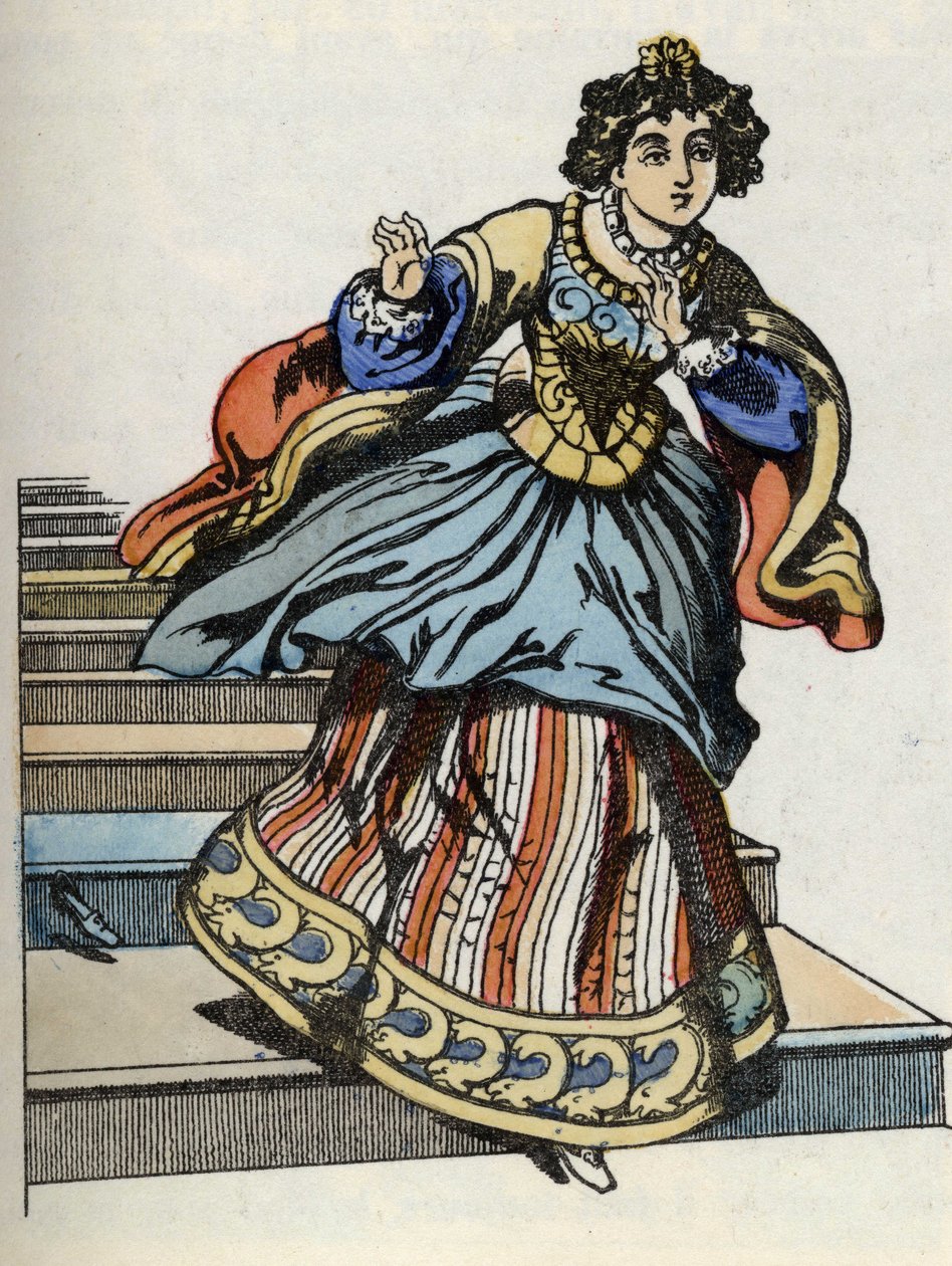 Askepott flykter fra ballen, dukker opp glassskoen hennes. Illustrasjon av Charles Perraults fortelling "Askepott eller La petite slipper de verre" av French School