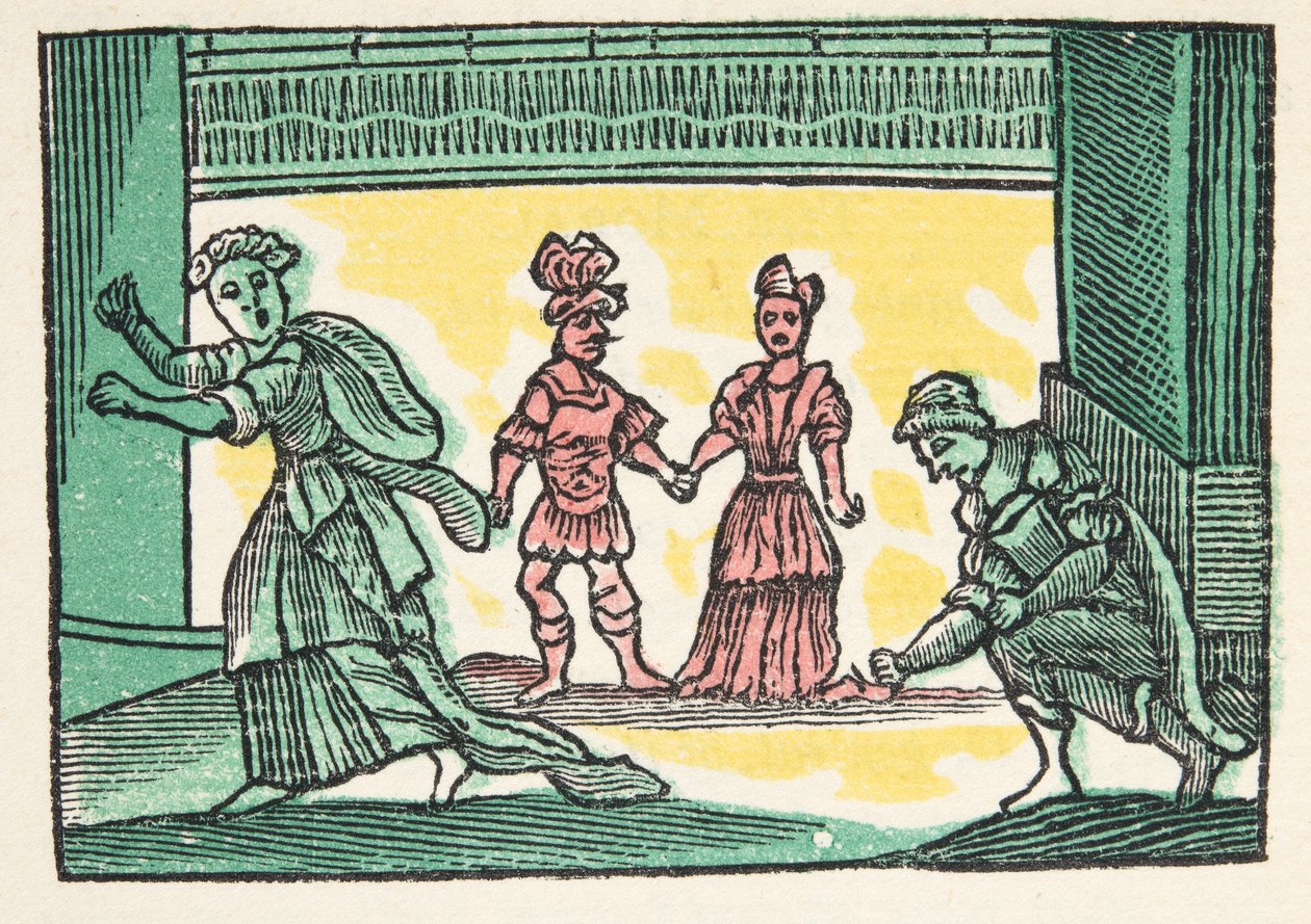 Askepott eller den lille glasstøffelen, fra Histories or Tales of Past Times fortalt av Mother Goose, With Morals, av M Perrault, pub. 1925 (håndfarget treblokktrykk) av French School