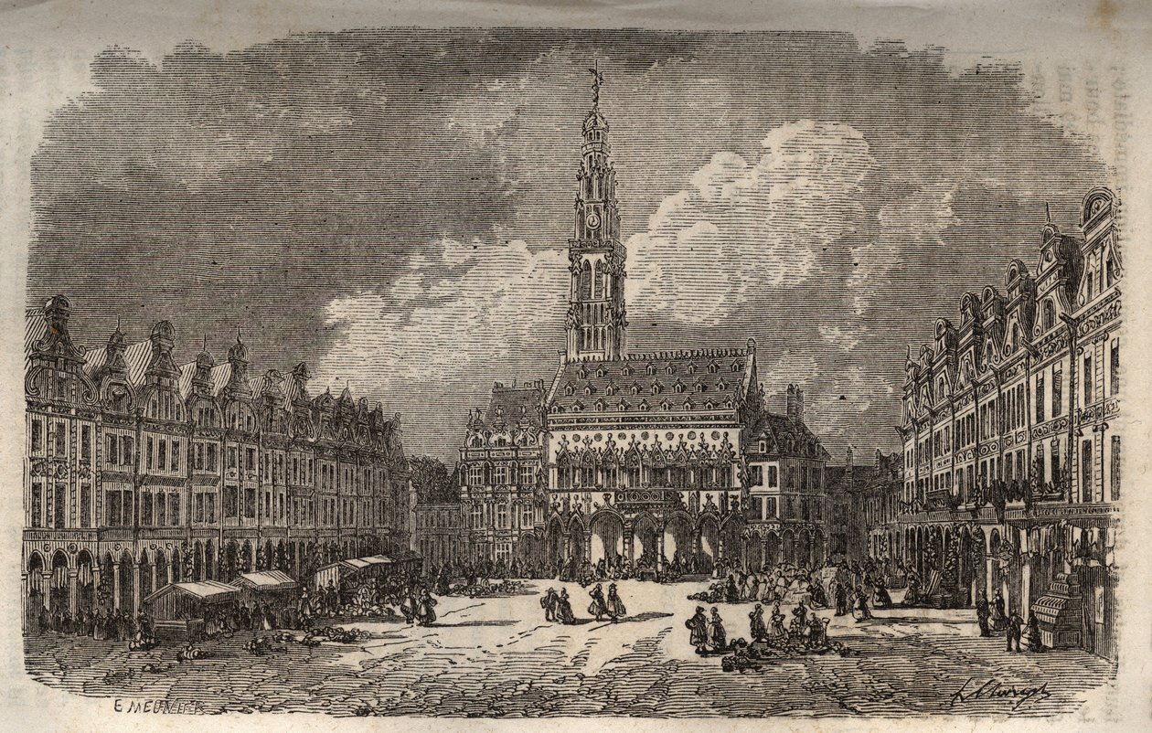 Rådhus og klokketårn i byen Arras - gravering i "Histoire de France" av Victor Duruy (1811-1894) - 1882 av French School