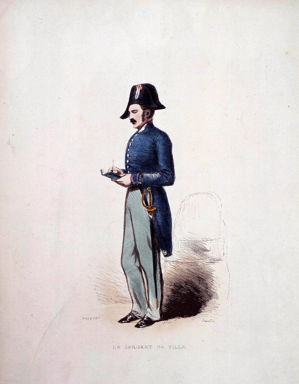 Bysersjantuniform av medlem av politistyrkene under monarkiet i juli (1830-1848) 1800-tallet av French School