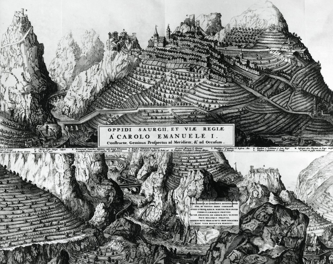 Byen Saorge, Frankrike, under Savoy-styre, gravering av French School