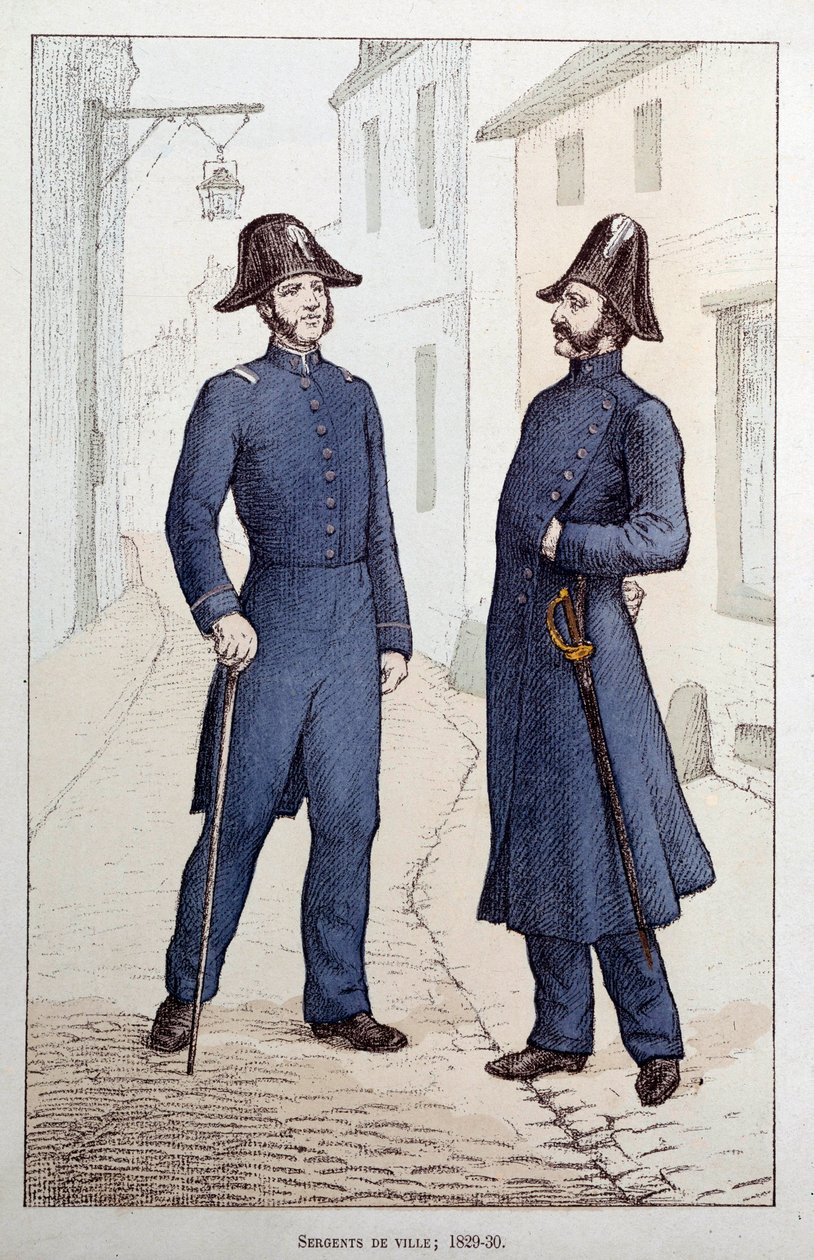 Bysersjanter. To politimenn snakker sammen. Litografi rundt 1829-1830 Prefecture de Police, Paris av French School