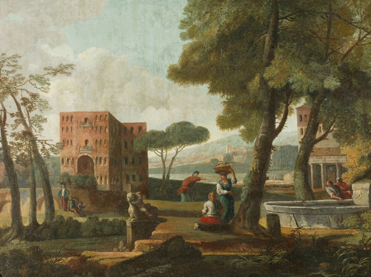 Klassisk landskap med sfinks, ca. 1700 (olje på lerret) av French School