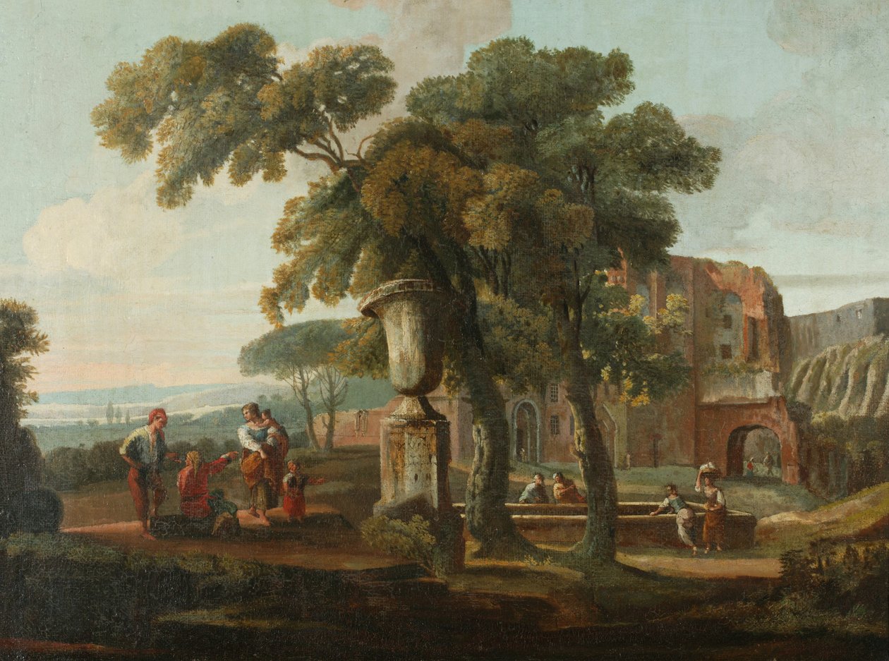 Klassisk landskap med urne, ca. 1700 (olje på lerret) av French School