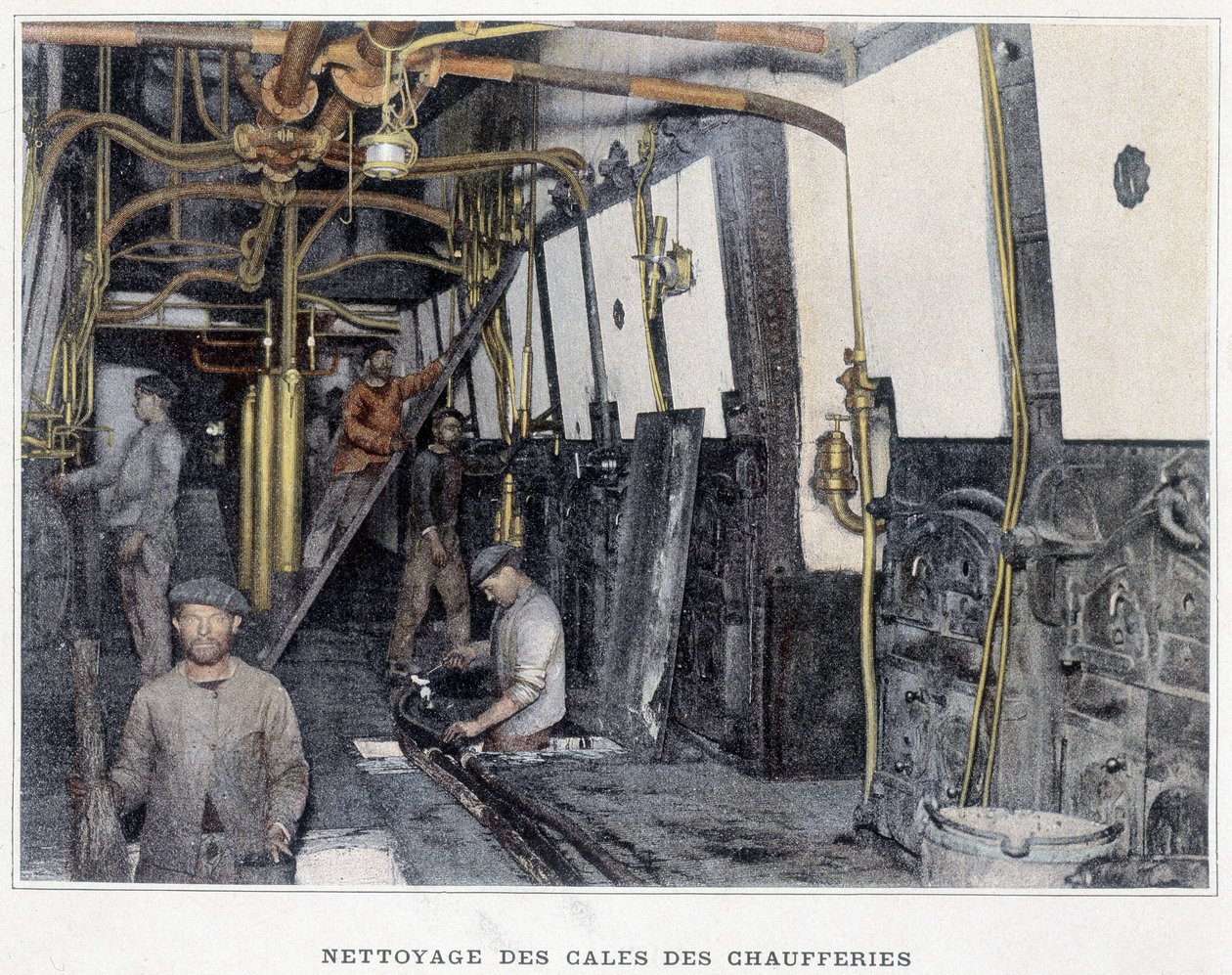 Rengjøring av kjelerom - i ""Militæralbum - Navy: Life on board"" av French School