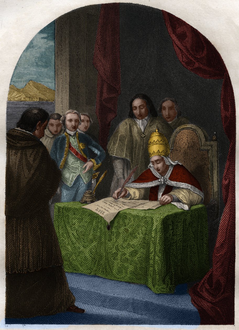 Clement XIV (Clemente or Clemens) (1705-1774) abolishing the Jesuites Society on 21 July 1773. Engraving from 1842 in “Histoire des popes: crimes, murders, poisonings, parricides, adulteres, incest... by Maurice Lachatre. Private collection. av French School