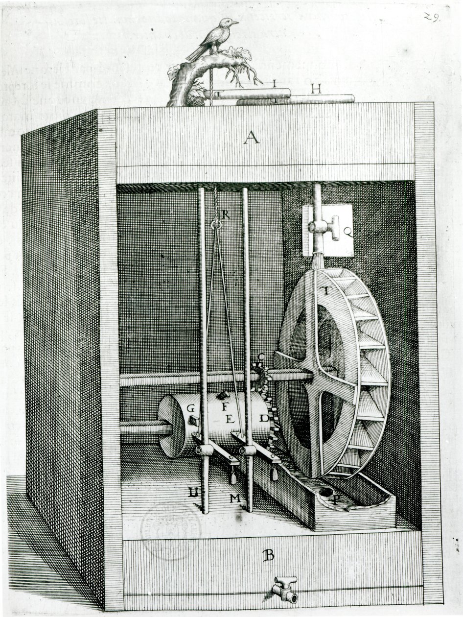 Urverksfugl, fra Les Reasons des Forces Mouvantes av Salomon de Caus (ca. 1576-1626), 1615 av French School