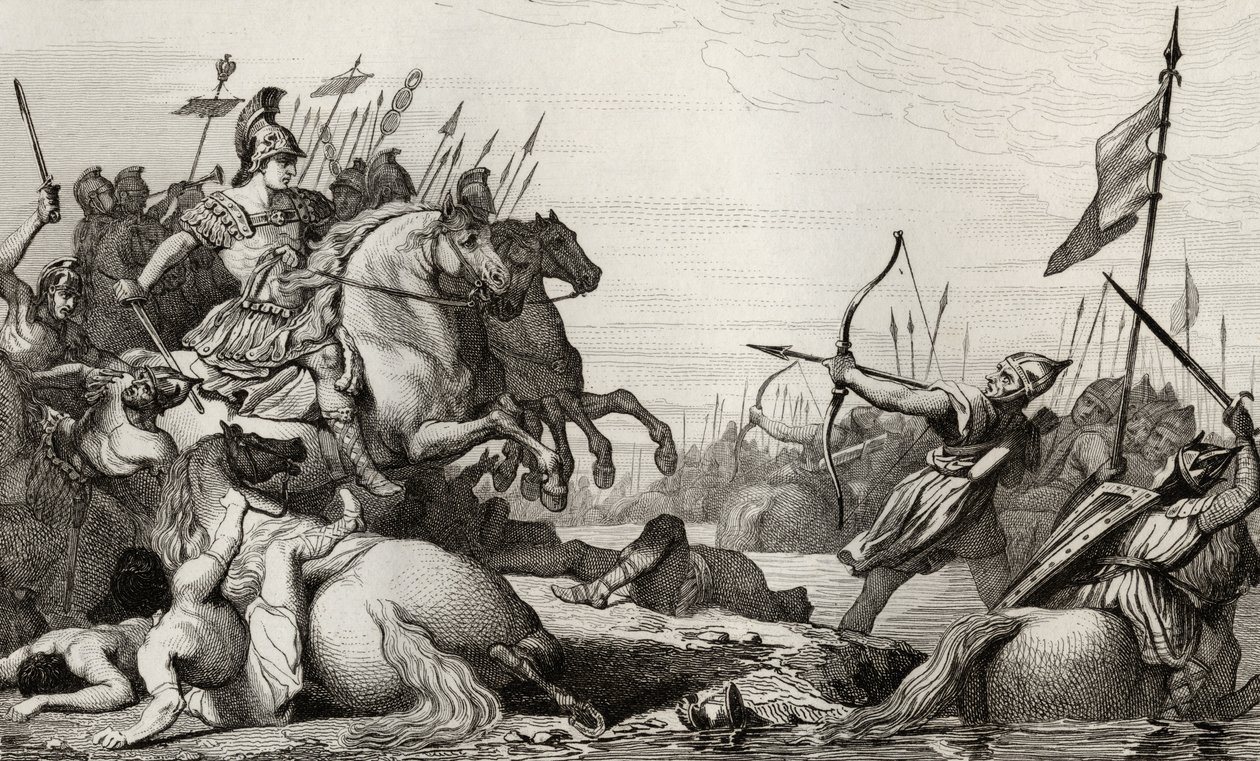 Clodion, The Hairy (ca. 428-47) trekker seg tilbake over broen etter hans nederlag av Aetius, fra 