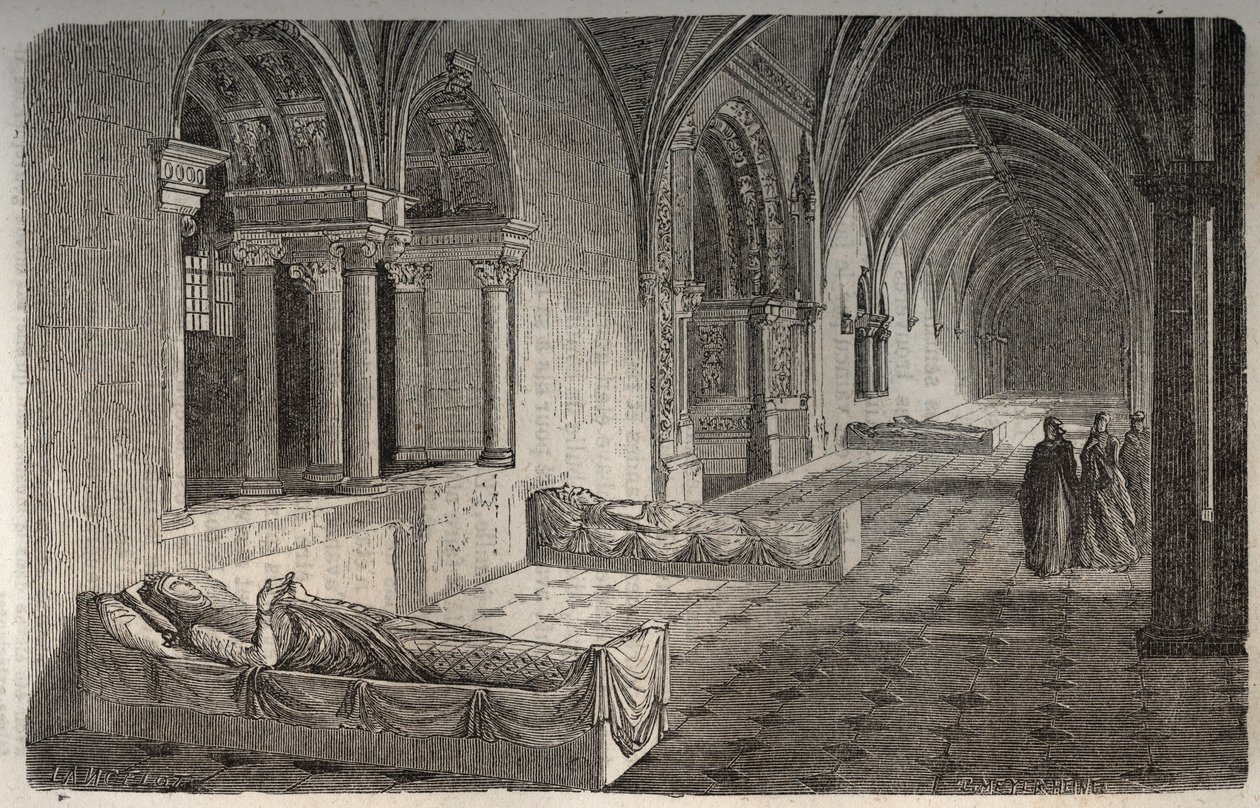Cloister of Fontevrault med statuer av Henri II - Eleonore de Guyenne - gravering i "Histoire de France" av Victor Duruy (1811-1894) - 1882 av French School
