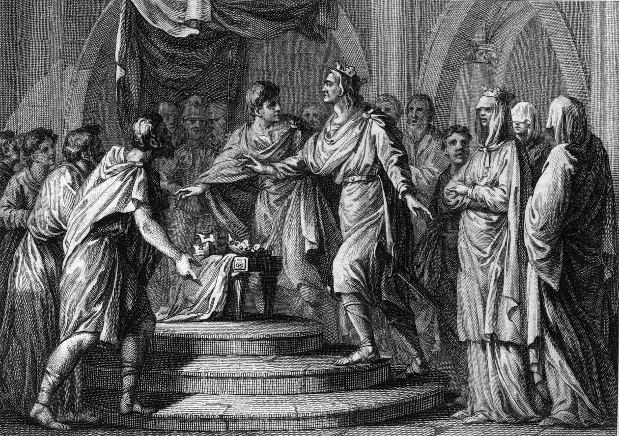 Clotaire (Clothaire) II (584-628), presiding over the first “Champ de mars”, or Placita (Plaids), an ambulatory parliament, after the reunification of the four kingdoms of France in 613. Engraving of the 18th century. av French School