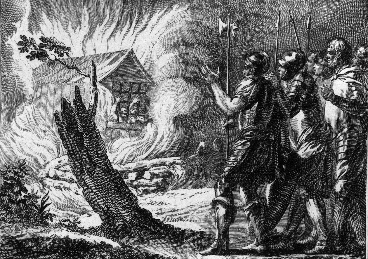 Clotaire (Clothaire) I (497-561), kongen av frankerne, fikk sønnen Chramne brent i en hytte, som gjorde opprør mot ham og hans familie. Ca 560. Gravering fra 1700-tallet. av French School