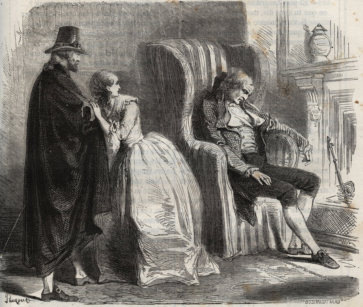 Clotilde Sprengel and Zacharie Bergmann watch German doctor Petrus Schultz asleep in front of the 18th century. Engraving from 1871 in “Histoire Des Cocuses Celebres”” by Henry de Kock (1819-1892). av French School